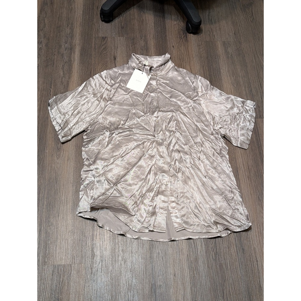Dissa Simone Pewter Satin Vacation Shirt‎ Button Down Top Size 8